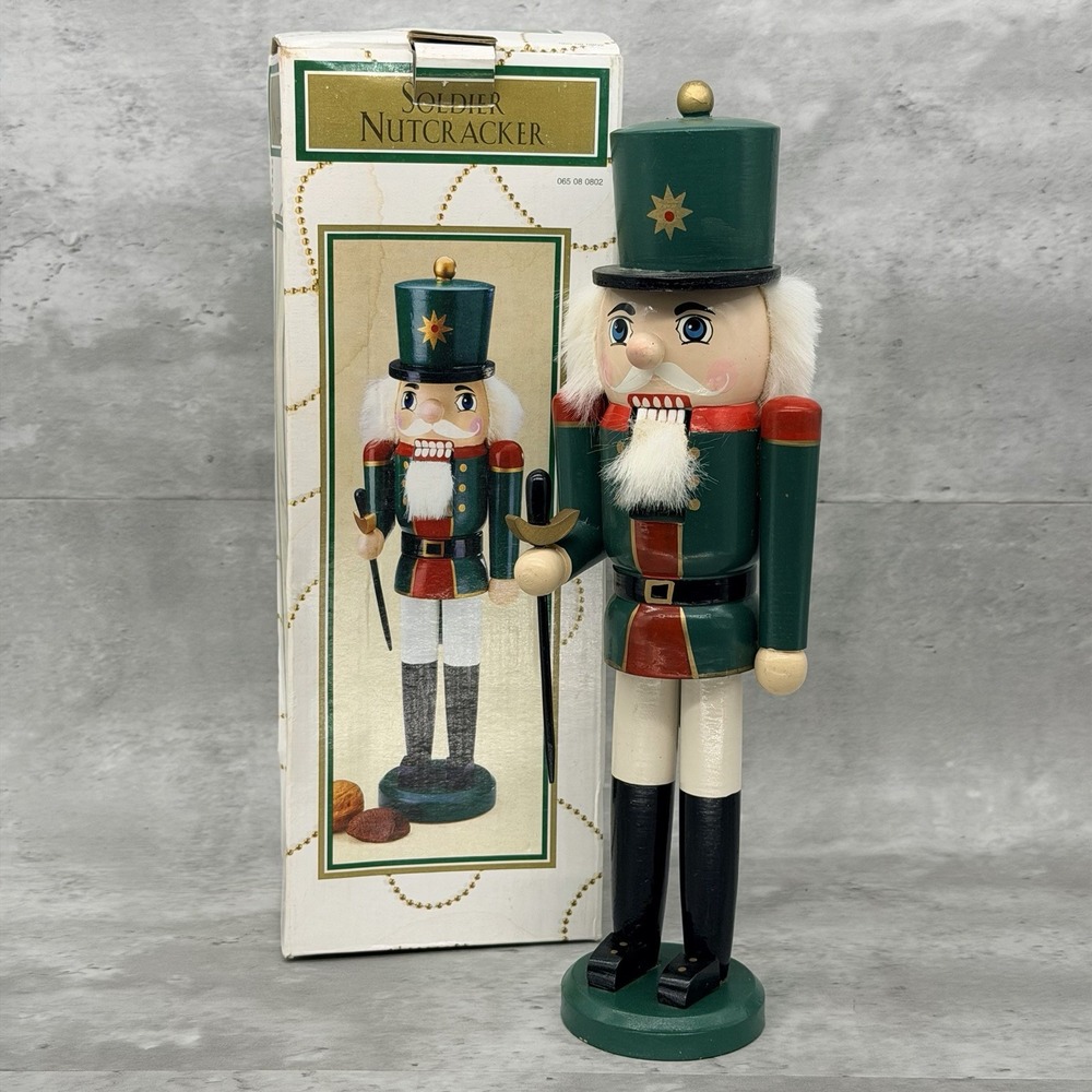 Wooden Christmas Nutcracker Soldier Green Uniform With Sword Holiday Decor